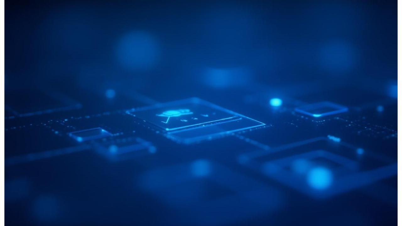 Close-up of a virtual AI assistant interface over an abstract animated data grid with holographic effects