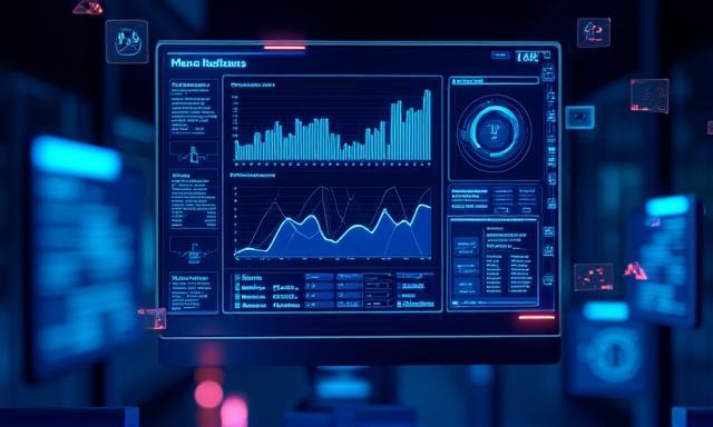 High-tech analytics dashboard with glowing data visualizations