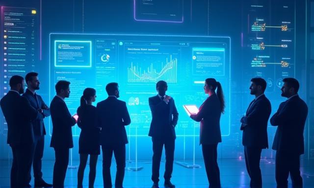 Tech consultants collaborating over futuristic data screens