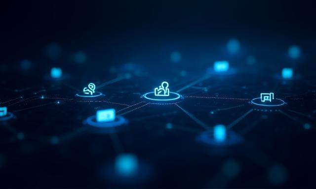 Integrated multi-channel communication icons overlaid on tech grid